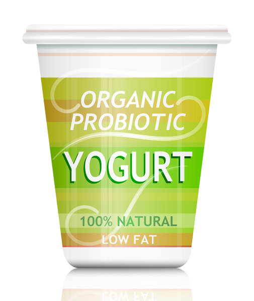 Illustration depicting a single organic probiotic yogurt container arranged over white