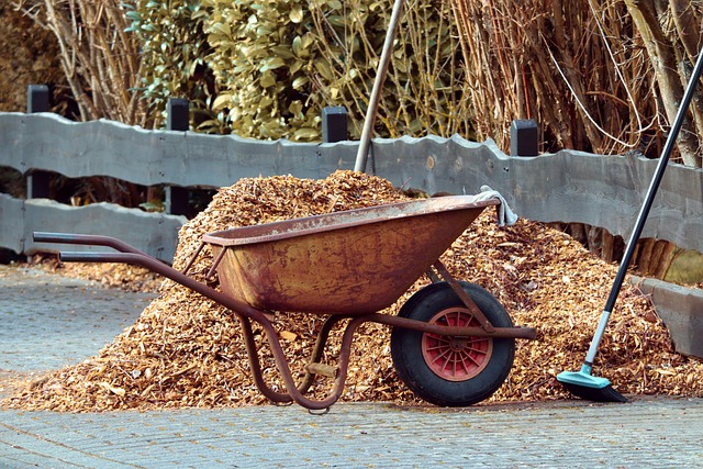 mulch in a wheelbarrow