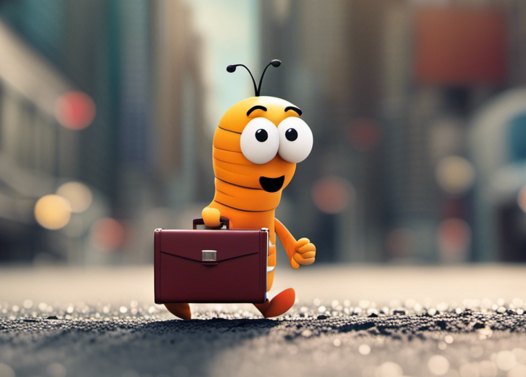 cartoon image of worm carrying suitcase